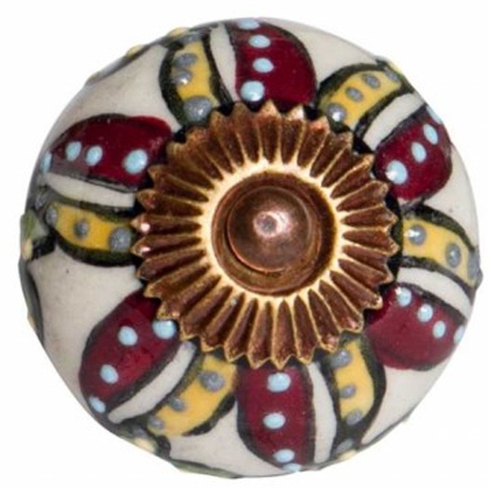 Set of Twelve Red And Yellow Botanical Ceramic Drawer Pull Knobs