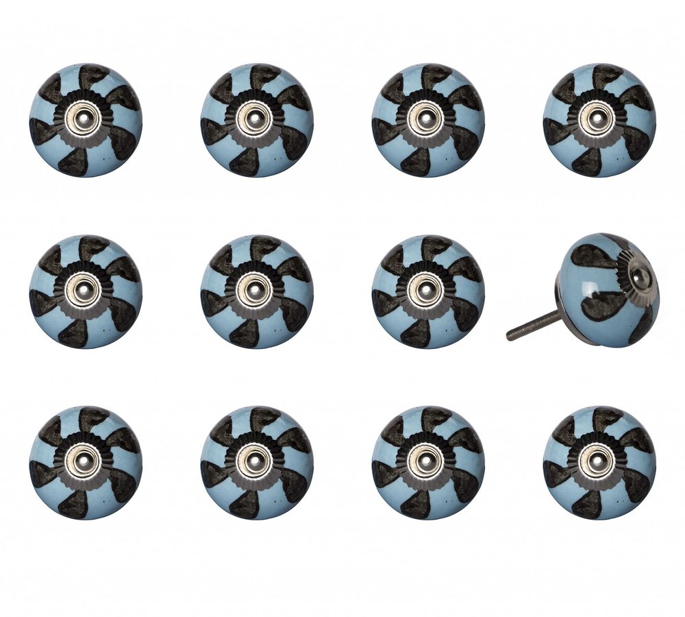 Set of Twelve Blue And Black Geometric Ceramic Drawer Pull Knobs