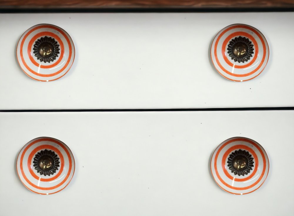 Set of Twelve Orange And White Geometric Ceramic Drawer Pull Knobs