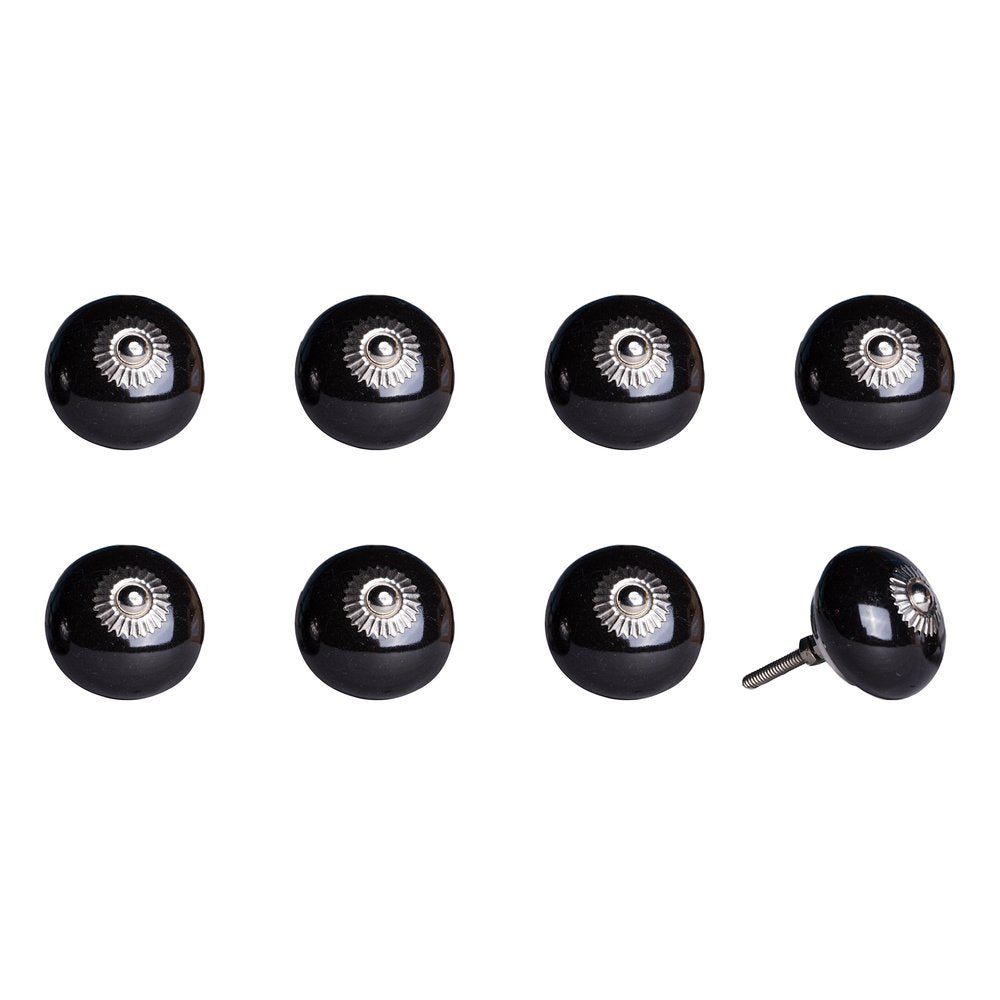 Set of Eight Black And Silver Ceramic Drawer Pull Knobs