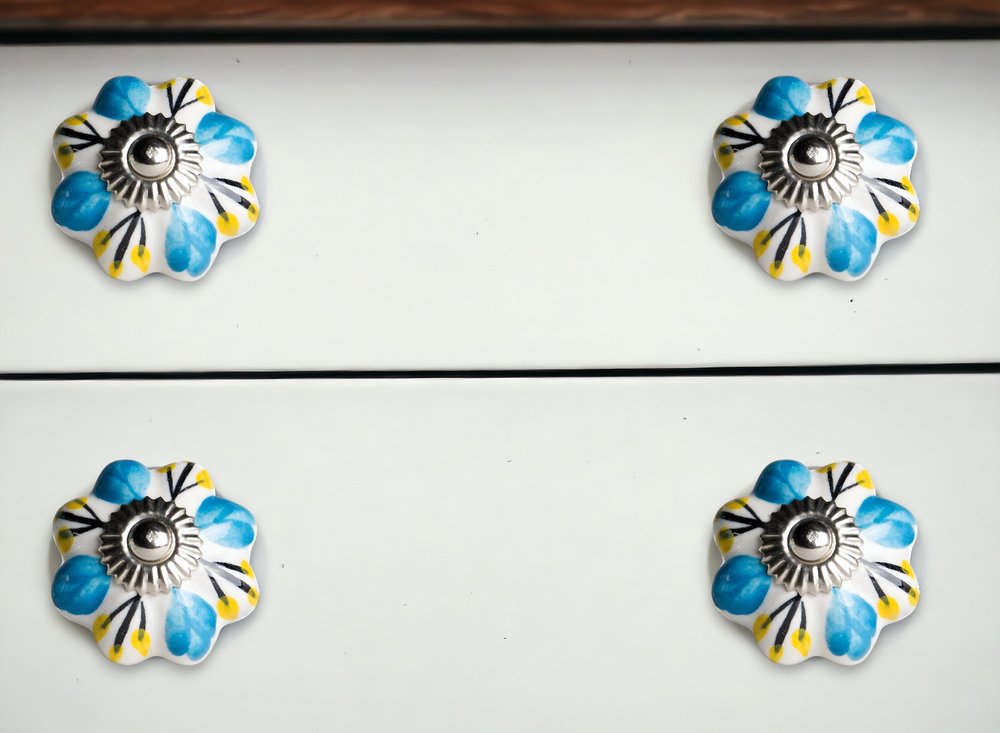 Set of Eight Blue And White Ceramic Drawer Pull Knobs