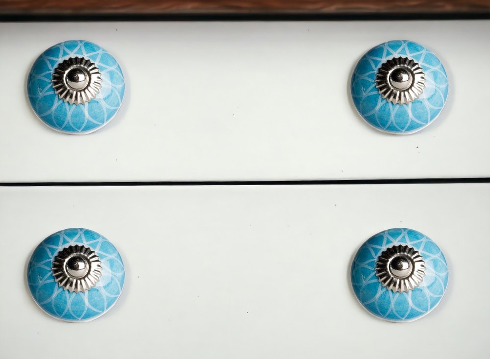 Set of Eight Aqua And White Floral Ceramic Drawer Pull Knobs