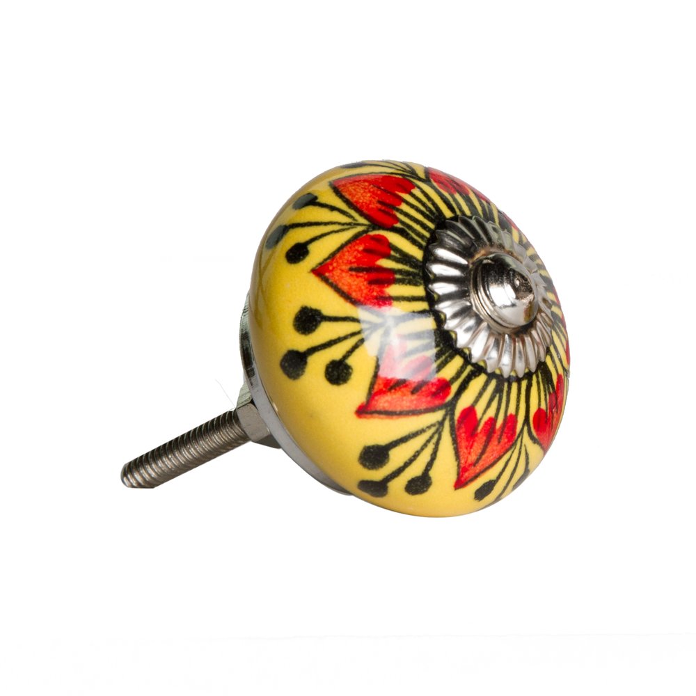 Set of Eight Yellow And Black Floral Ceramic Drawer Pull Knobs