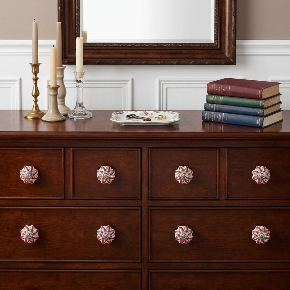 Set of Eight Red And White Floral Ceramic Drawer Pull Knobs