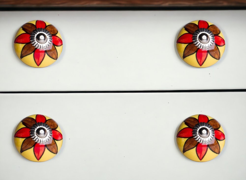 Set of Eight Red And Yellow Floral Ceramic Drawer Pull Knobs