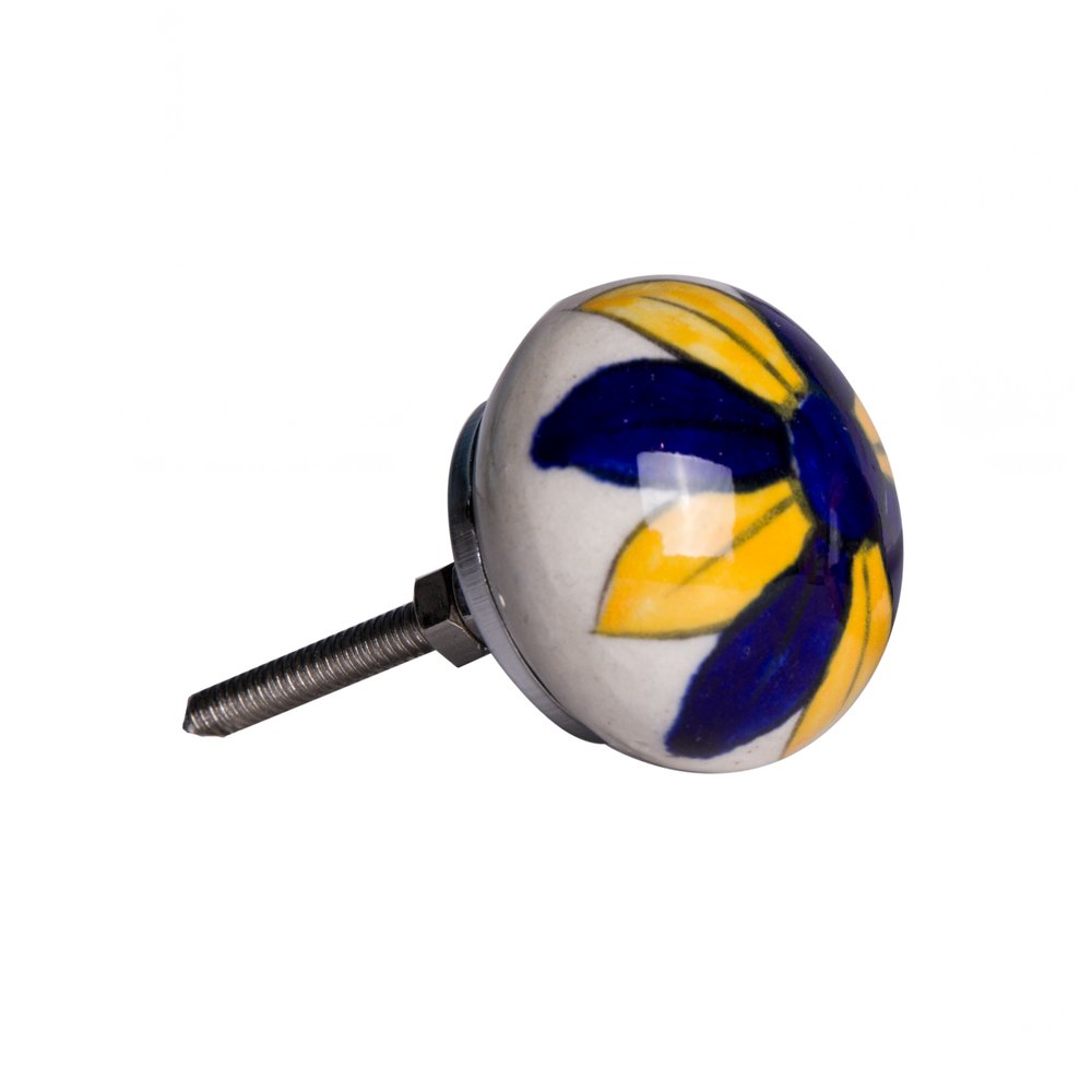 Set of Eight Blue And Yellow Floral Ceramic Drawer Pull Knobs