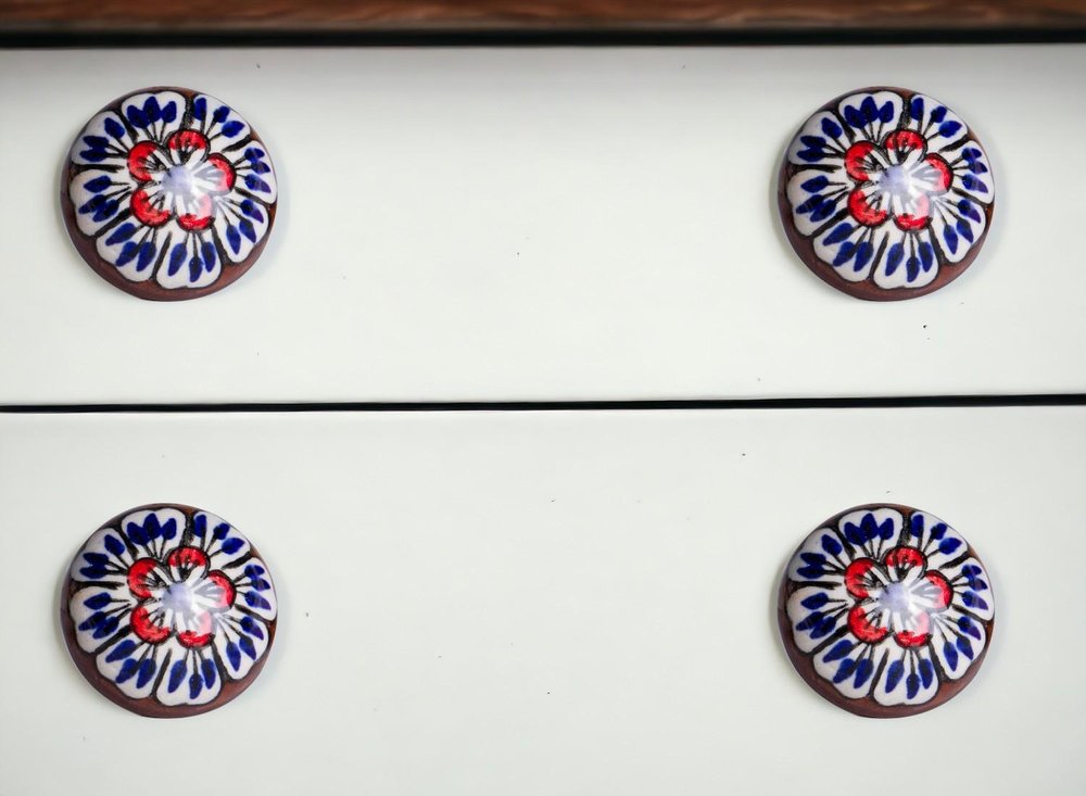Set of Eight Blue And White Floral Ceramic Drawer Pull Knobs