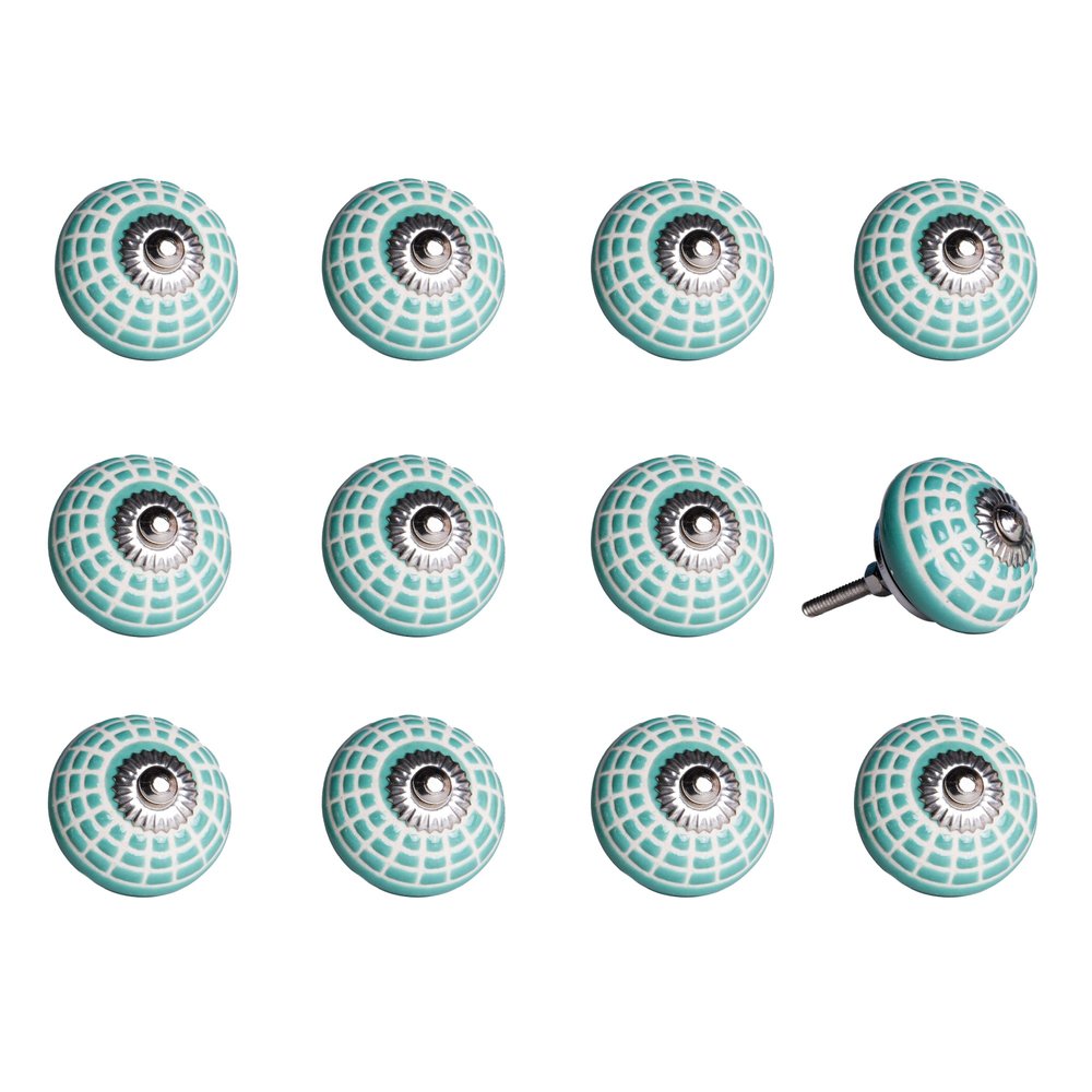 Set of Twelve Turquoise And White Geometric Ceramic Drawer Pull Knobs