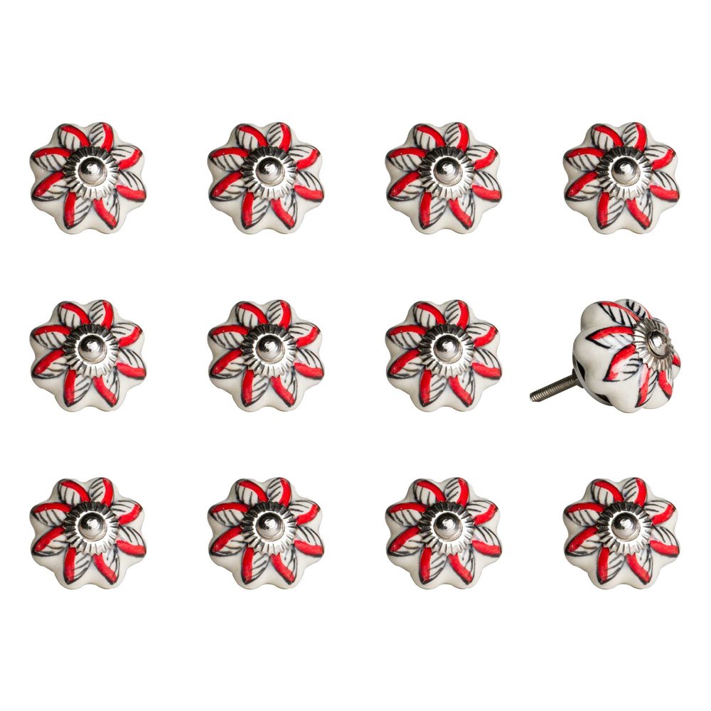 Set of Twelve Red And White Floral Ceramic Drawer Pull Knobs