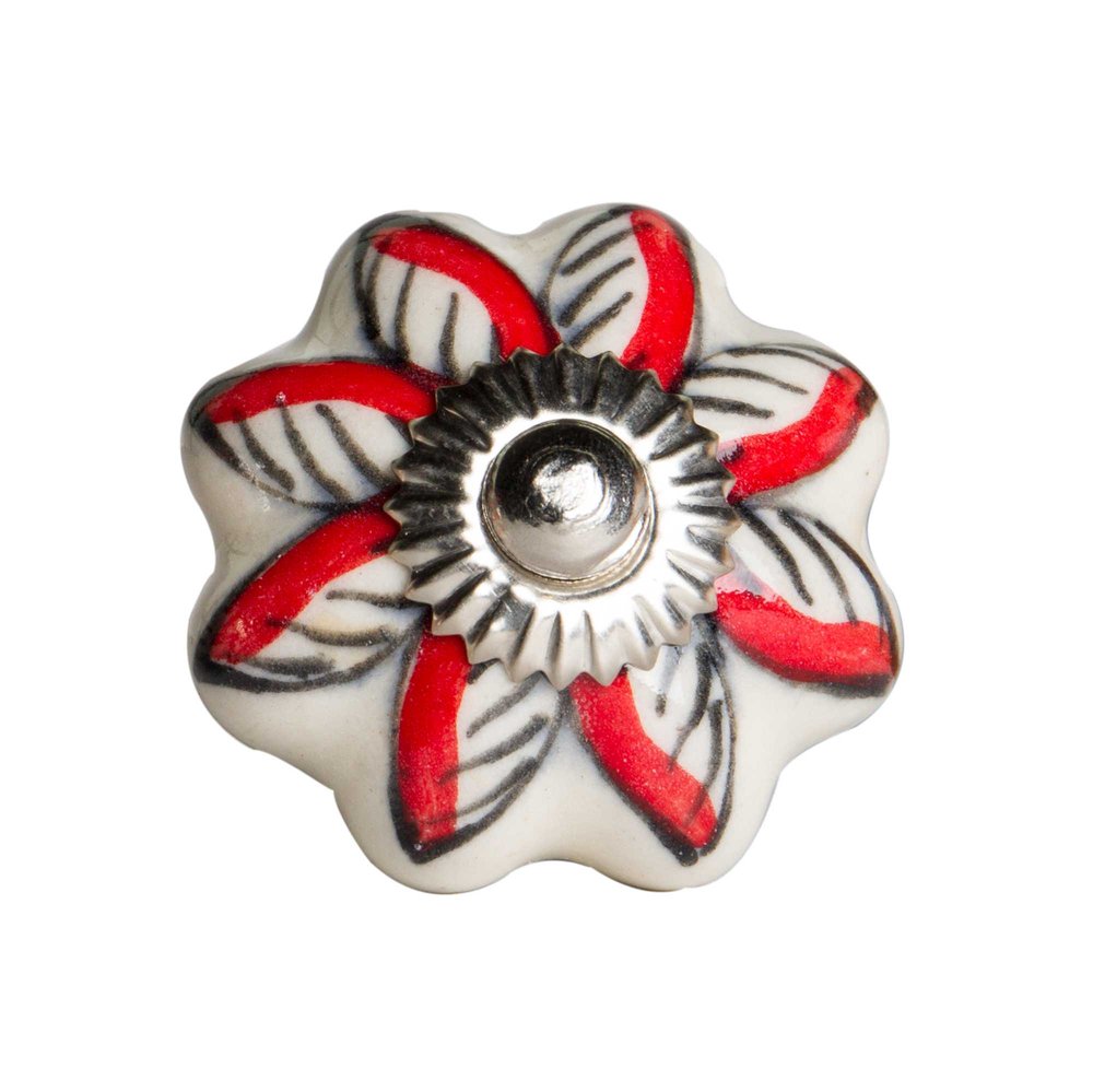 Set of Twelve Red And White Floral Ceramic Drawer Pull Knobs