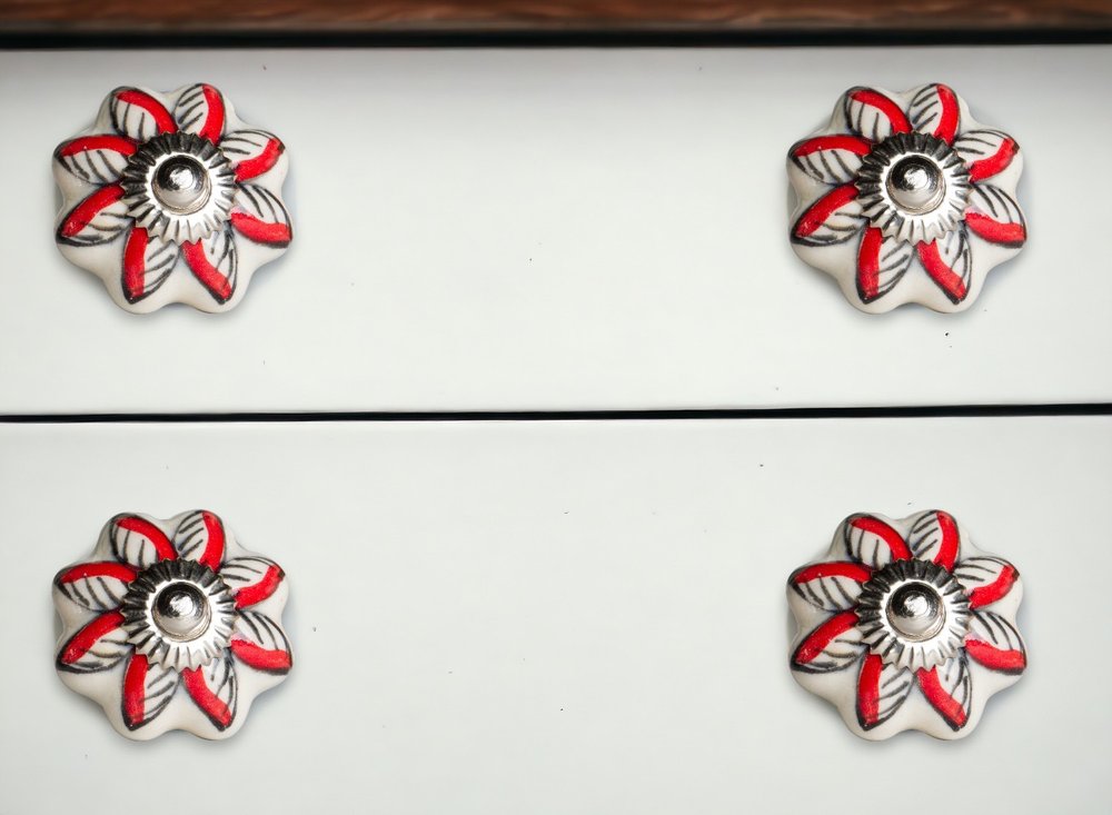 Set of Twelve Red And White Floral Ceramic Drawer Pull Knobs