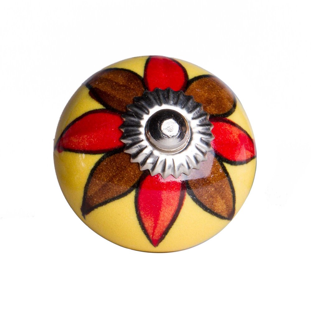 Set of Twelve Red And Yellow Floral Ceramic Drawer Pull Knobs