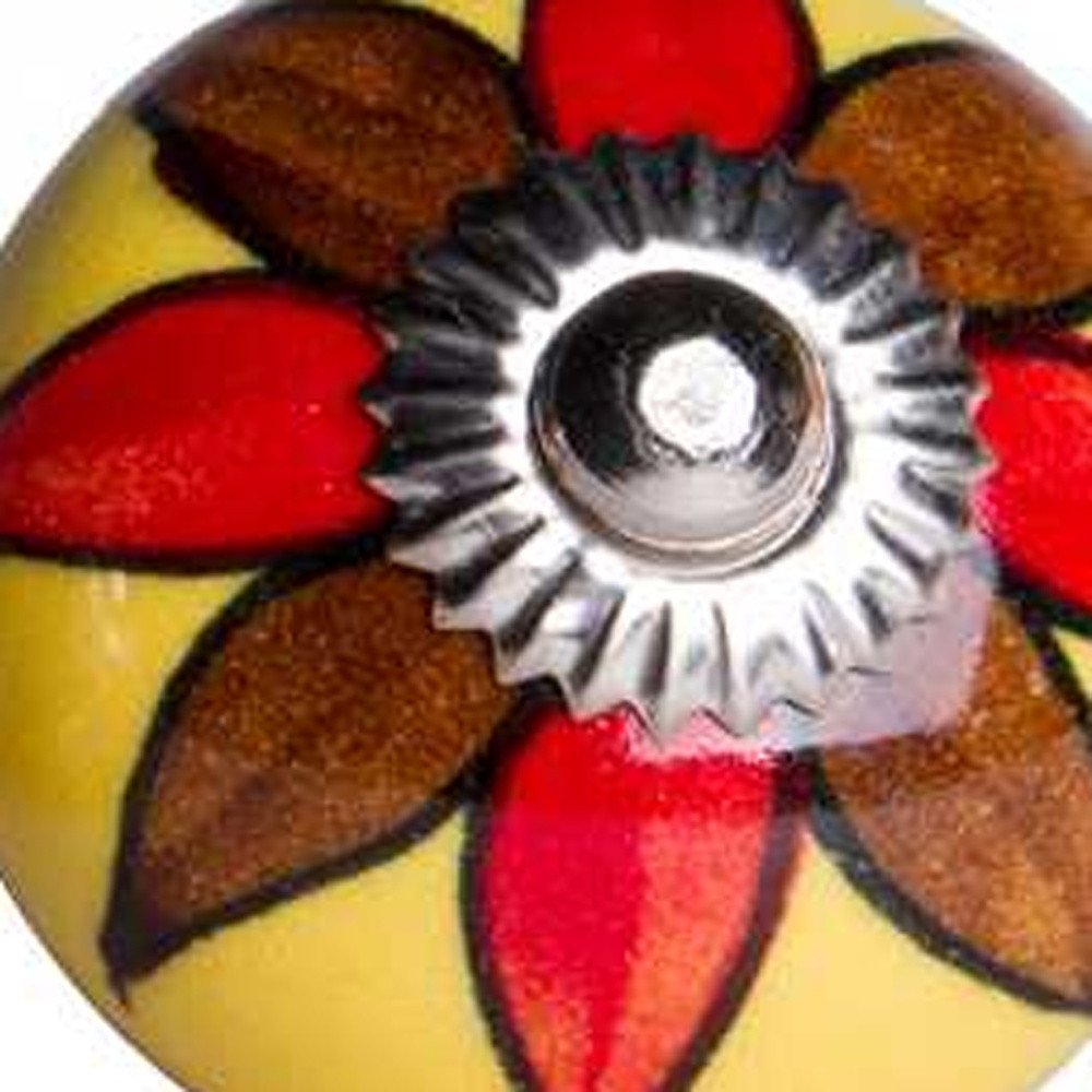 Set of Twelve Red And Yellow Floral Ceramic Drawer Pull Knobs