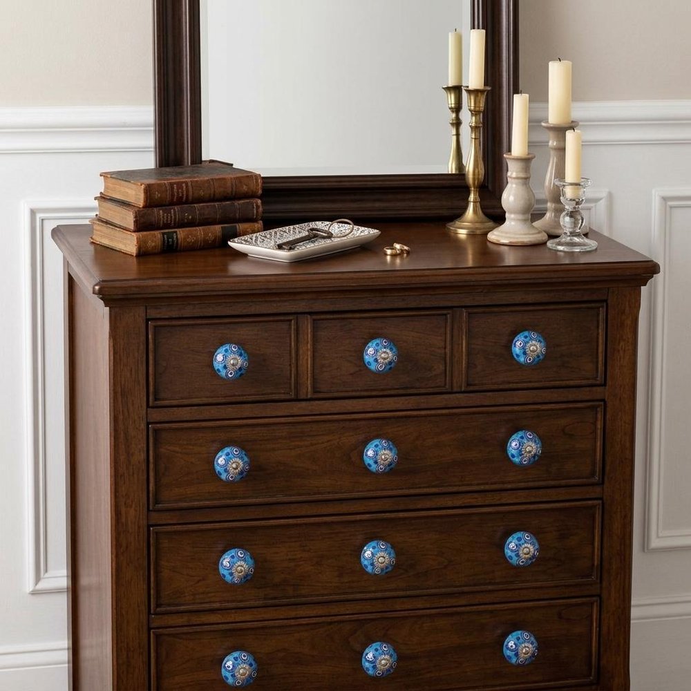 Set of Twelve Blue And White Botanical Ceramic Drawer Pull Knobs