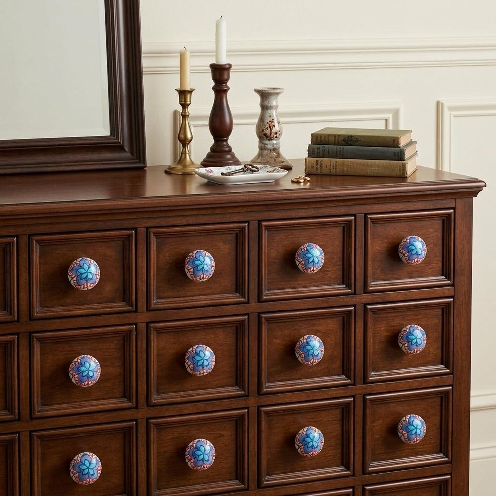 Set of Twelve Blue And White Floral Ceramic Drawer Pull Knobs