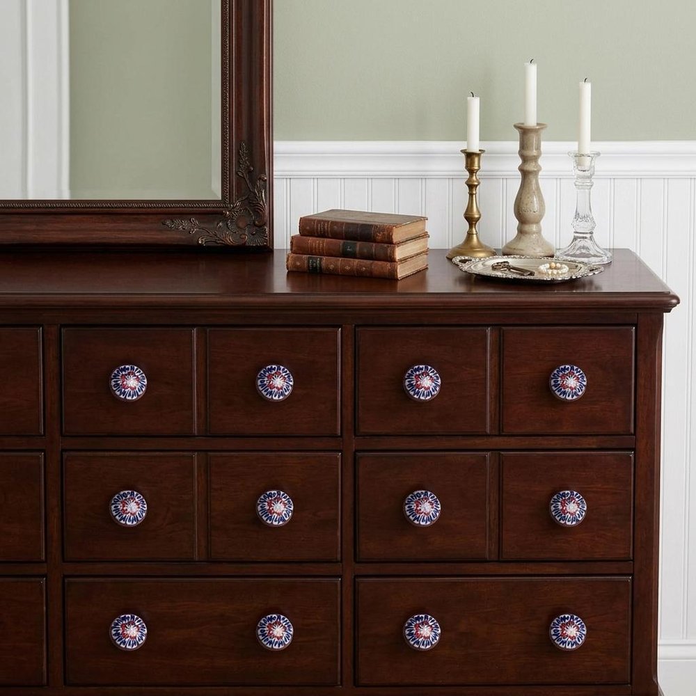 Set of Twelve Blue And White Floral Ceramic Drawer Pull Knobs