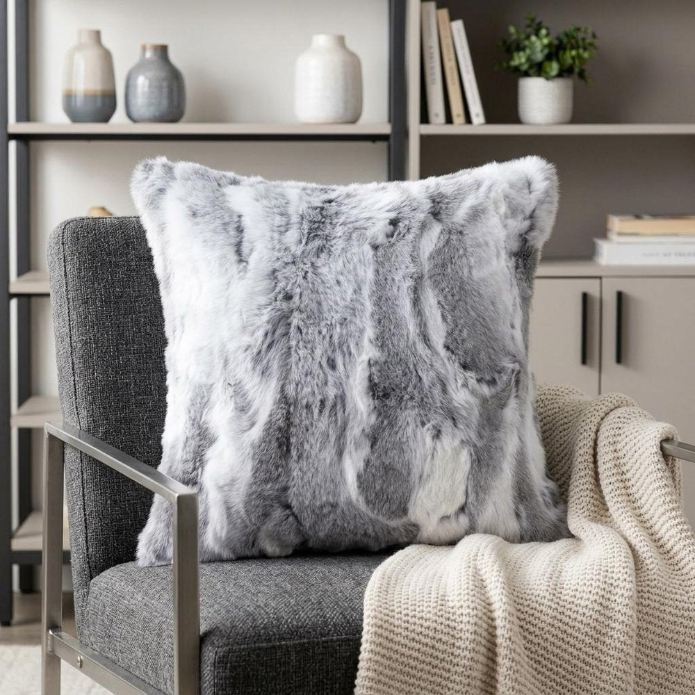 5" X 18" X 18" 100% Natural Rabbit Fur Grey Pillow