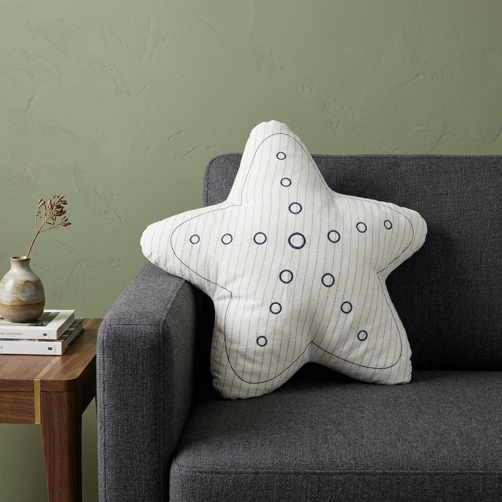 12" X 12" Blue and White Star Linen Throw Pillow