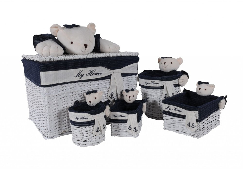 Set Of Five Blue And White Teddy Bear Rattan Baskets