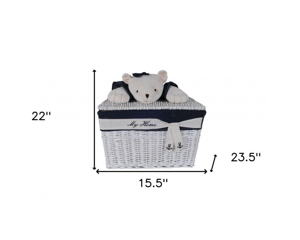 Set Of Five Blue And White Teddy Bear Rattan Baskets