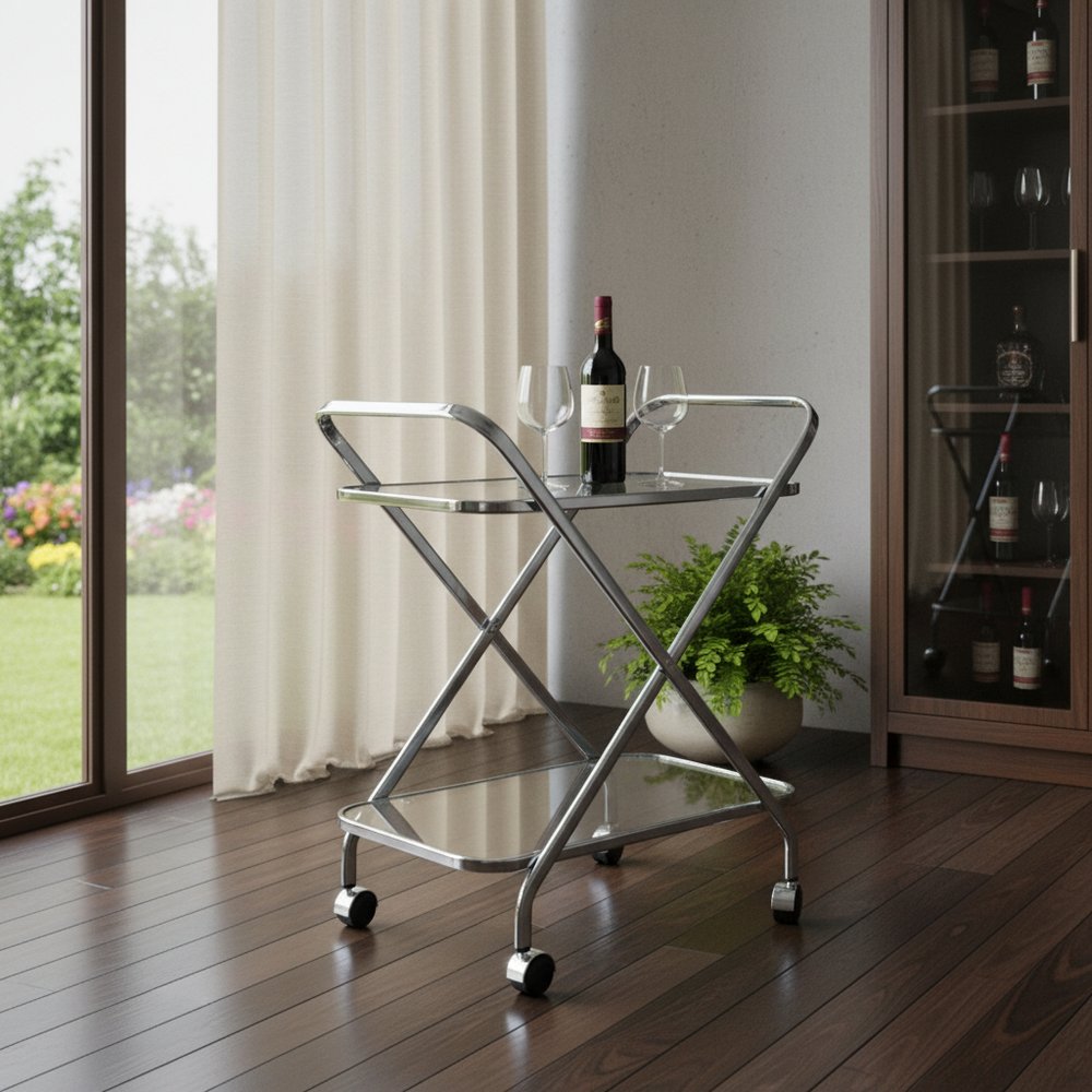 26" Silver Metal and Glass Rolling Bar Cart