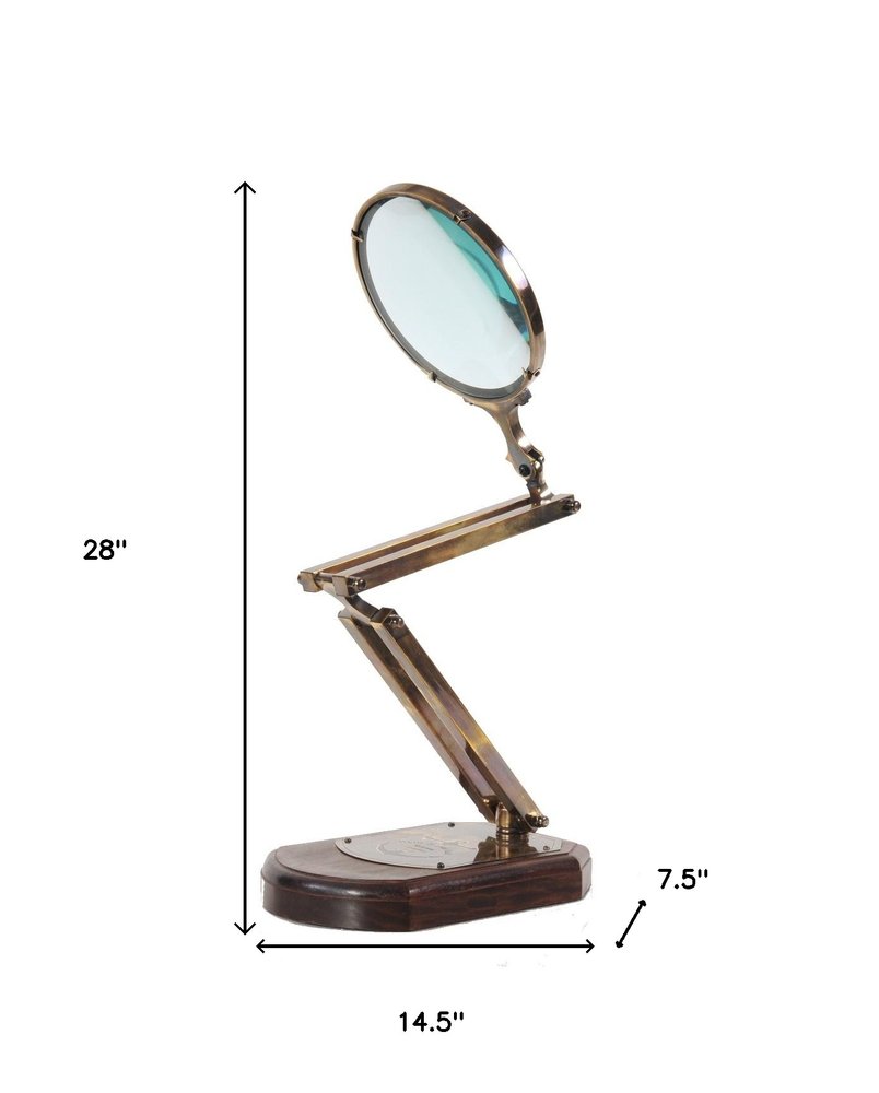 7.5" X 14.5" X 28" Brass Big Magnifier Glass With Wooden Base