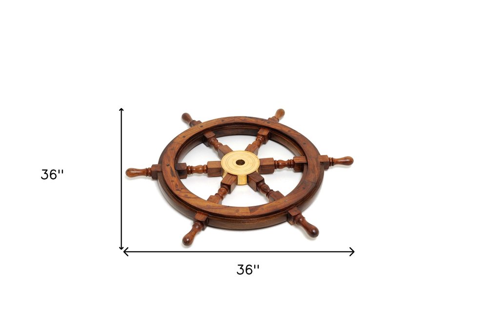 36" Brown Solid Wood And Brass Ships Wheel Hanging Dimensional Sculpture