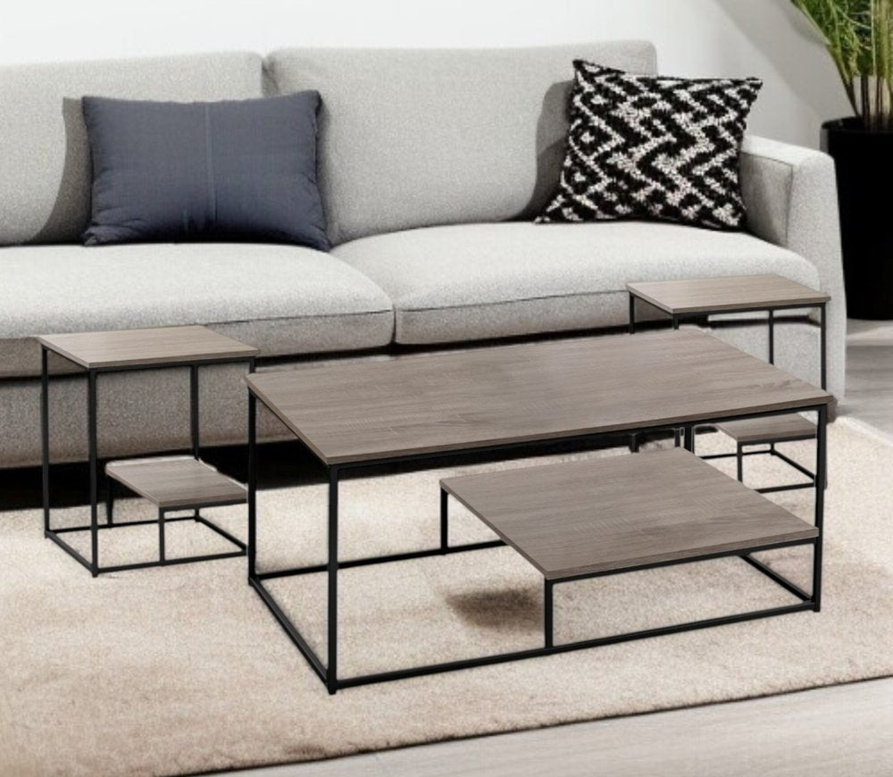 Set of Three 42" Taupe And Black Metal Coffee Table With Shelf