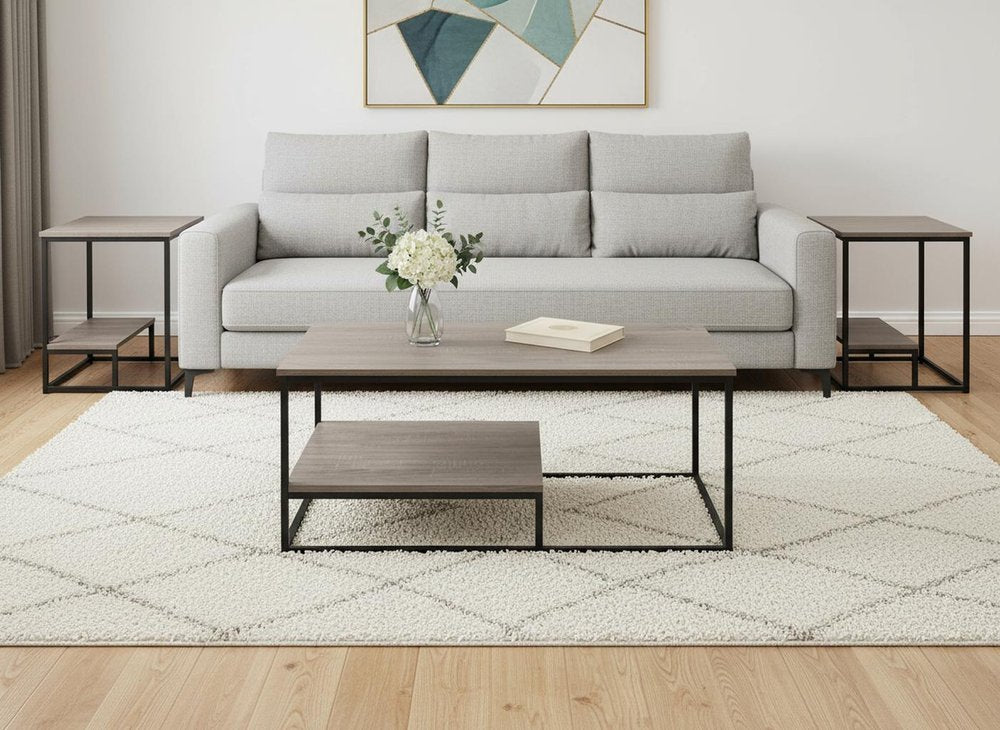 Set of Three 42" Taupe And Black Metal Coffee Table With Shelf