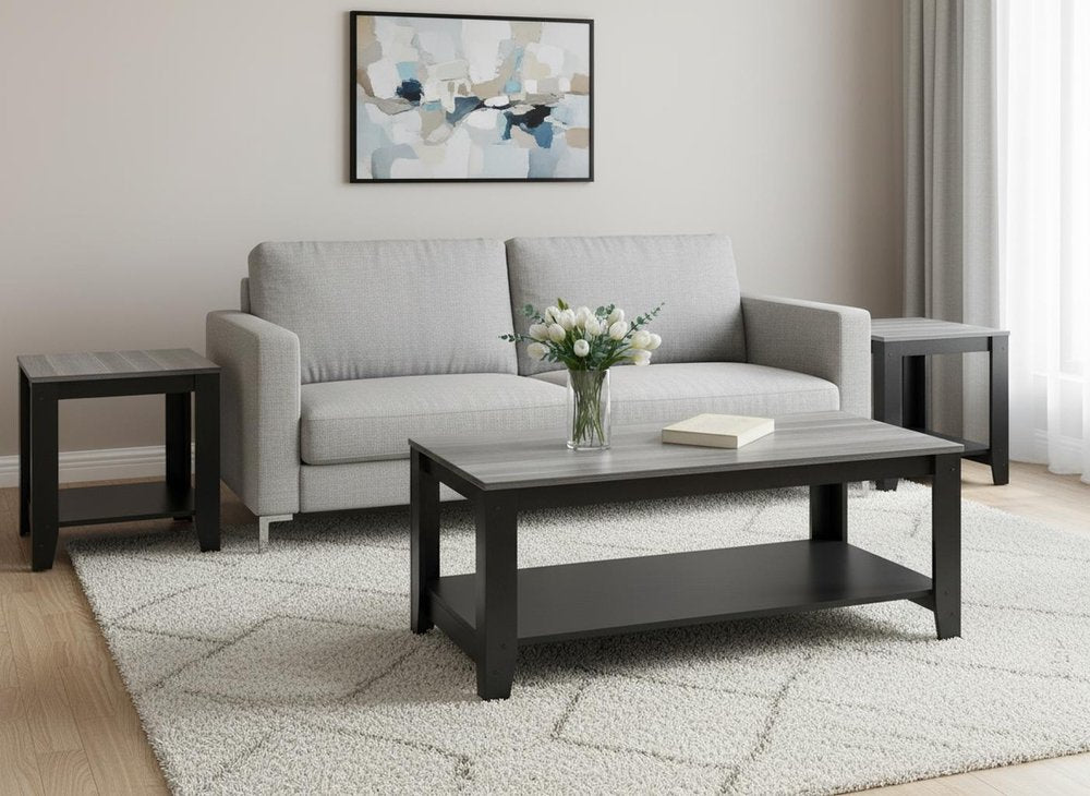 Set of Three 42" Gray And Black Coffee Table With Shelf