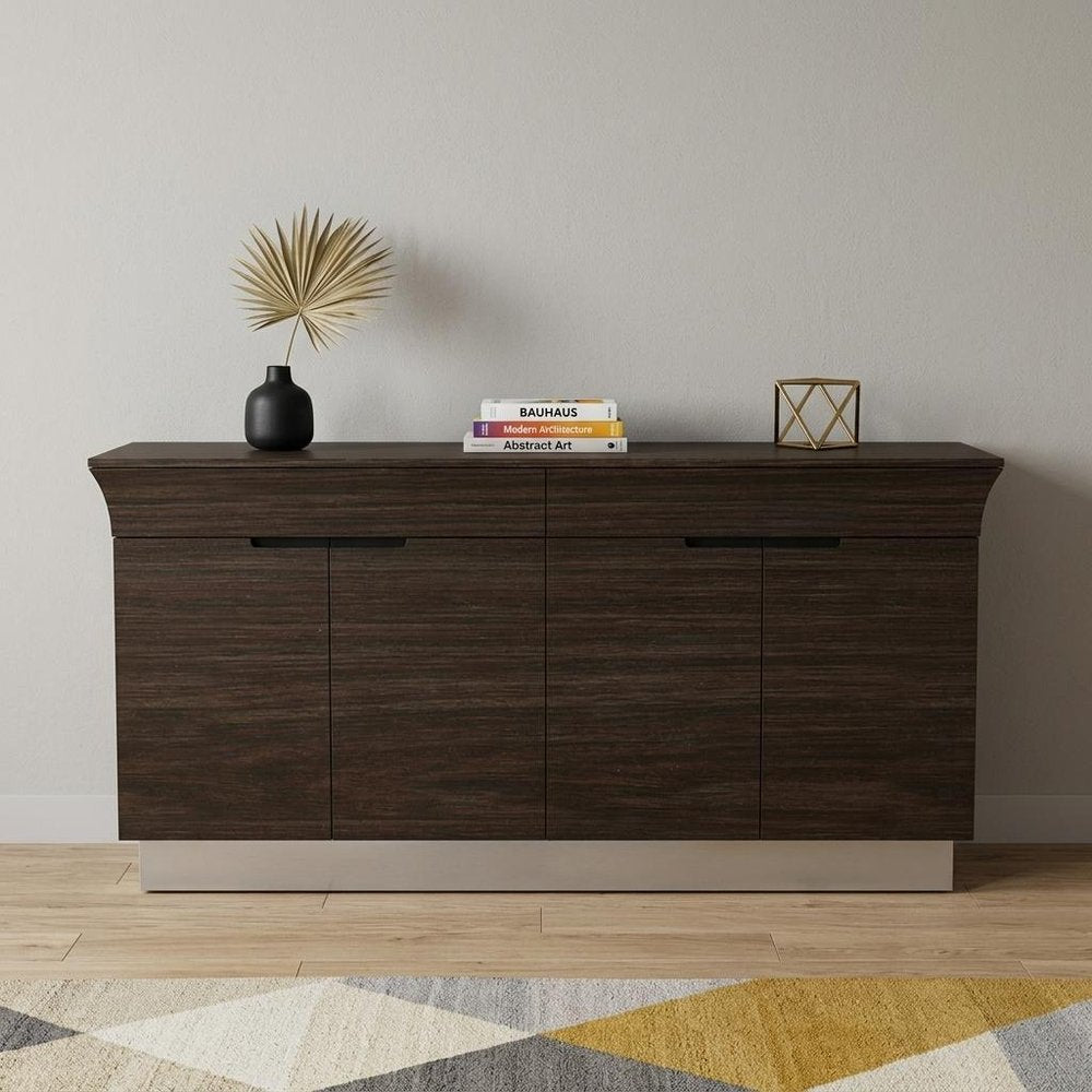 70" Dark Brown Two Drawer Buffet Table with Four Doors