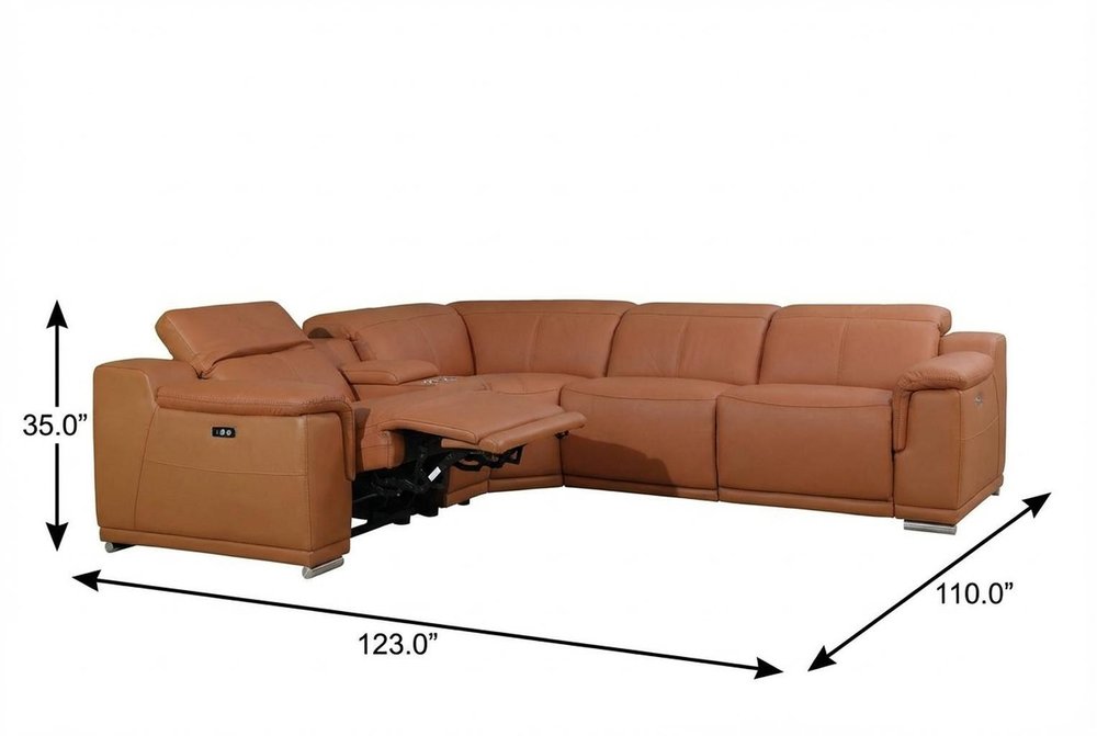 Camel Italian Leather Power Reclining U Shaped Six Piece Corner Sectional With Console