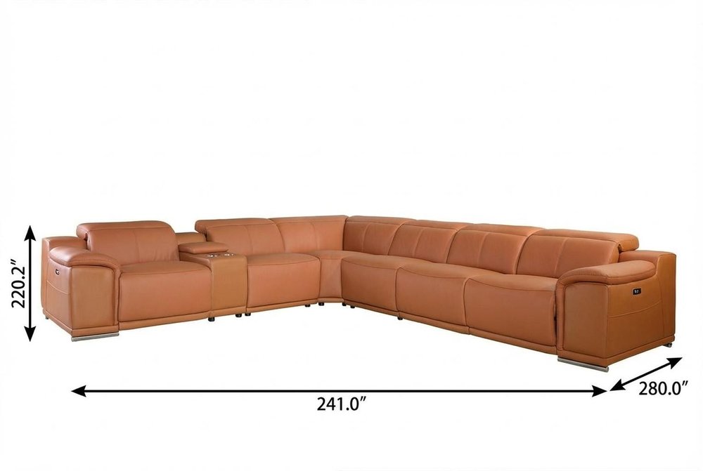 Camel Italian Leather Power Reclining U Shaped Seven Piece Corner Sectional With Console