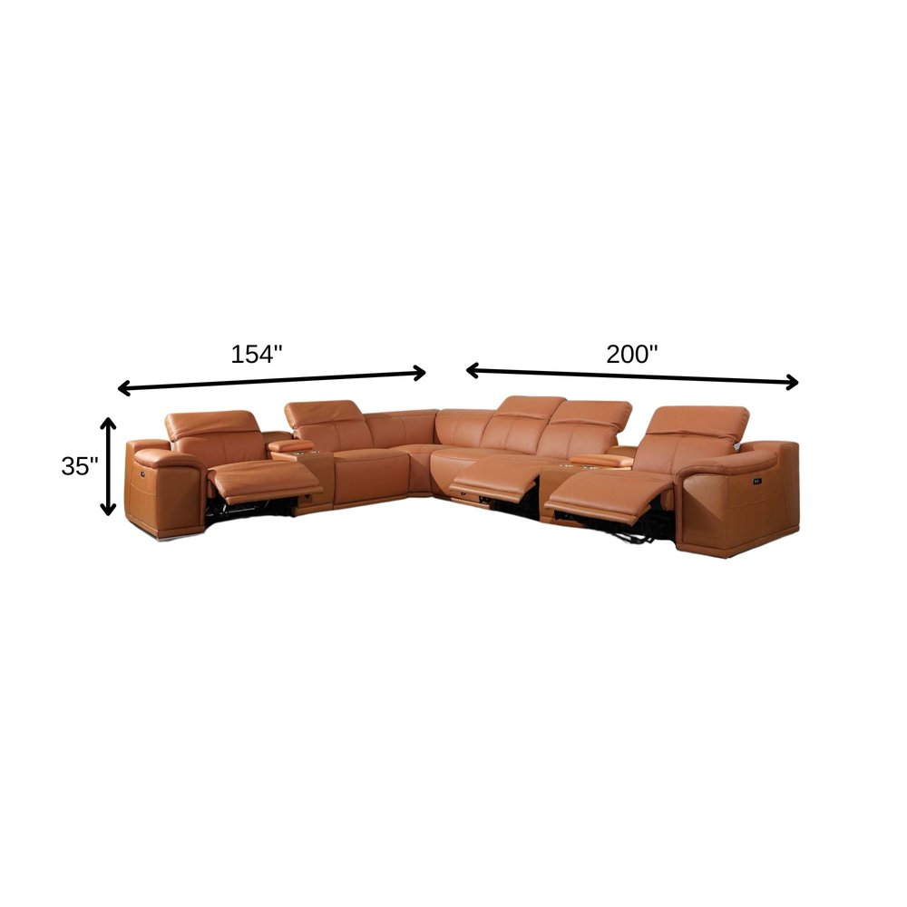 Camel Italian Leather Power Reclining U Shaped Eight Piece Corner Sectional With Console
