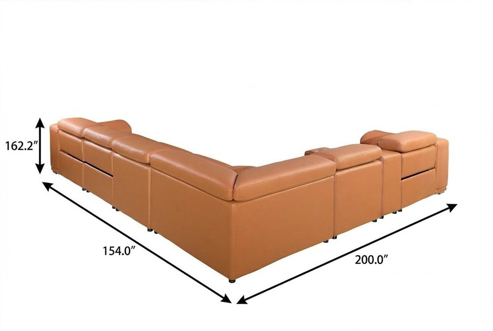 Camel Italian Leather Power Reclining U Shaped Eight Piece Corner Sectional With Console