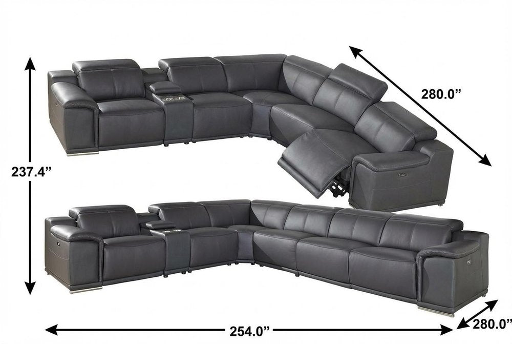 Gray Italian Leather Power Reclining U Shaped Seven Piece Corner Sectional With Console