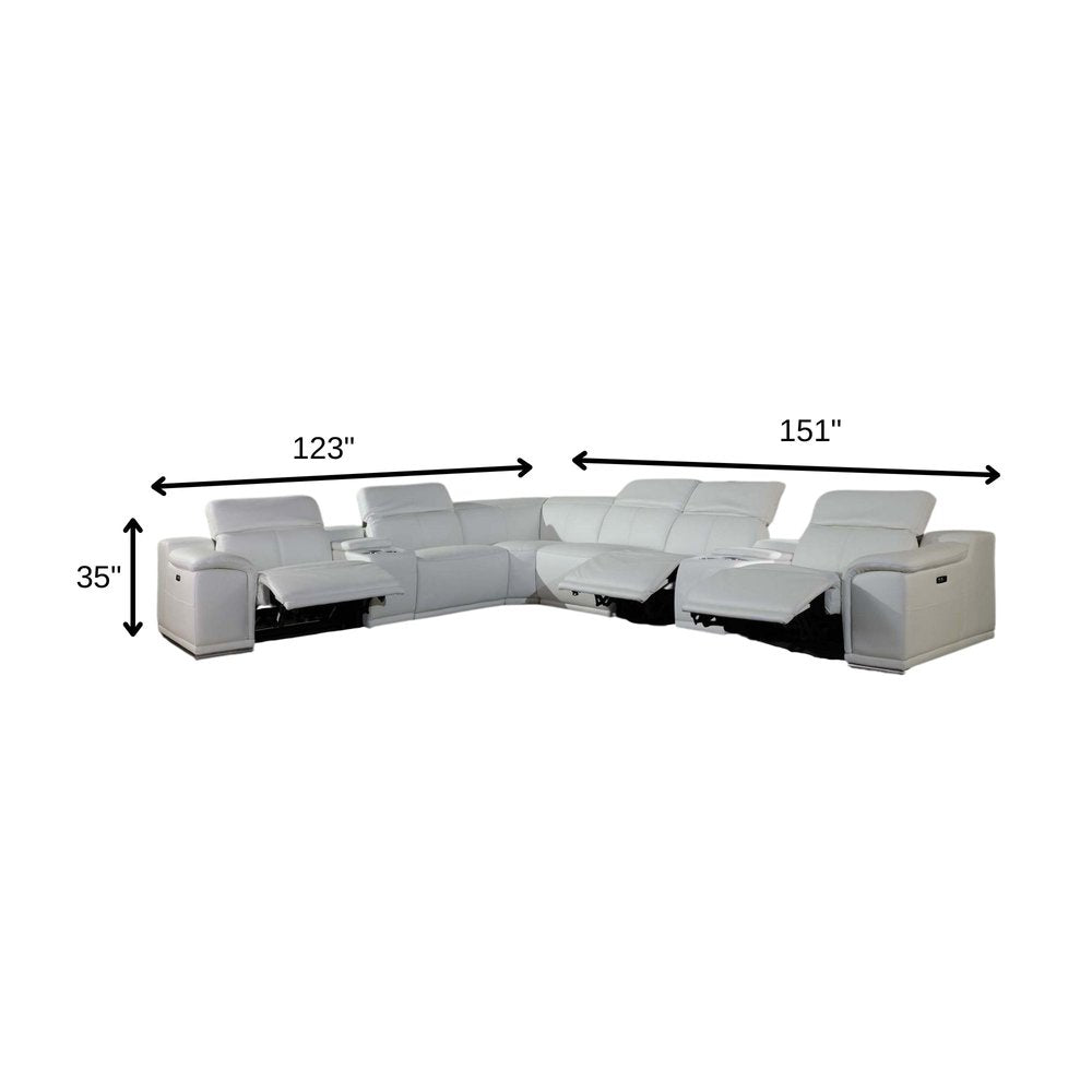 White Italian Leather Power Reclining U Shaped Eight Piece Corner Sectional With Console