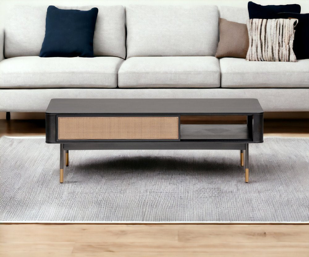 47" Black and Brown Solid Wood And Steel Coffee Table With Drawer And Shelf