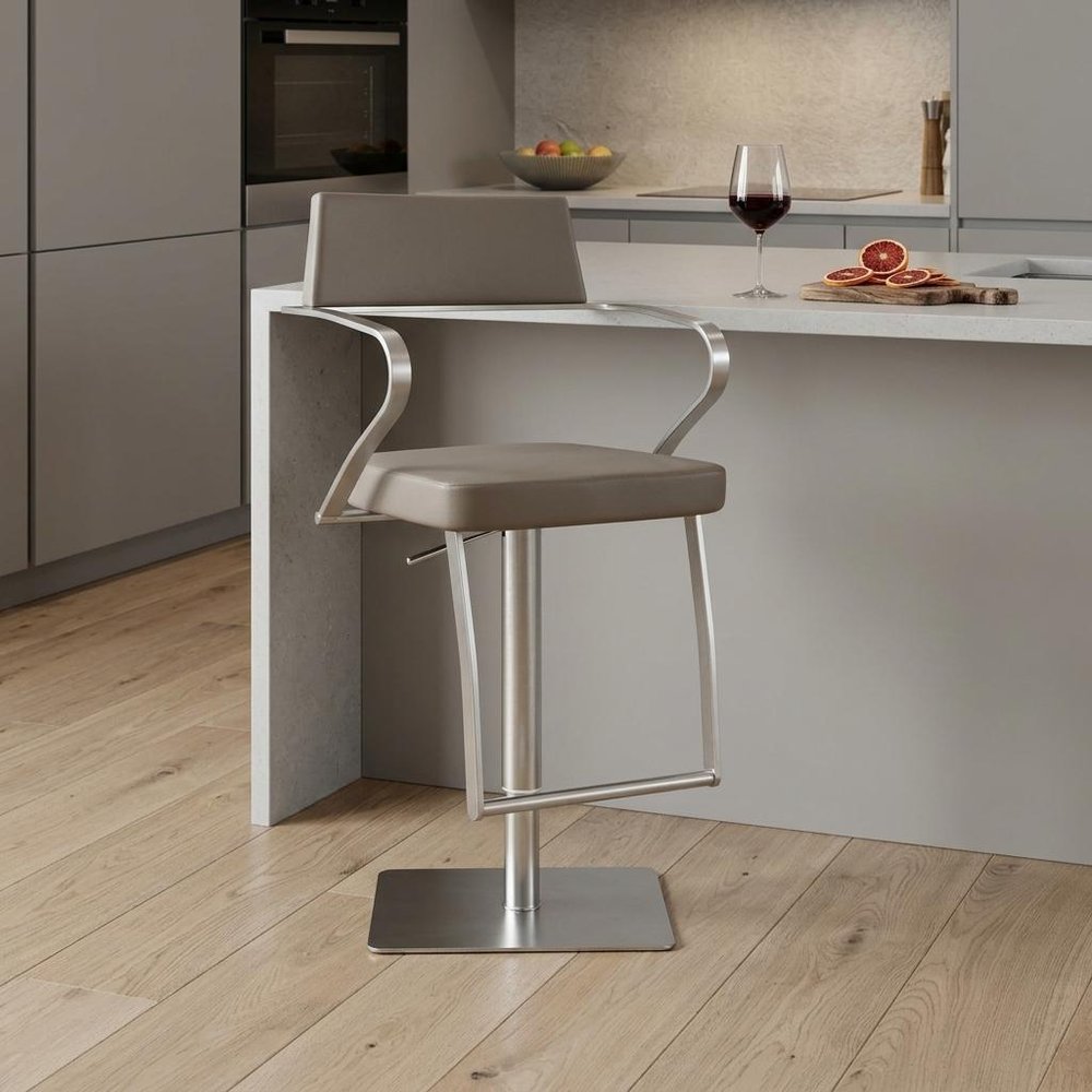 Taupe And Silver Faux Leather And Steel Bar Chair