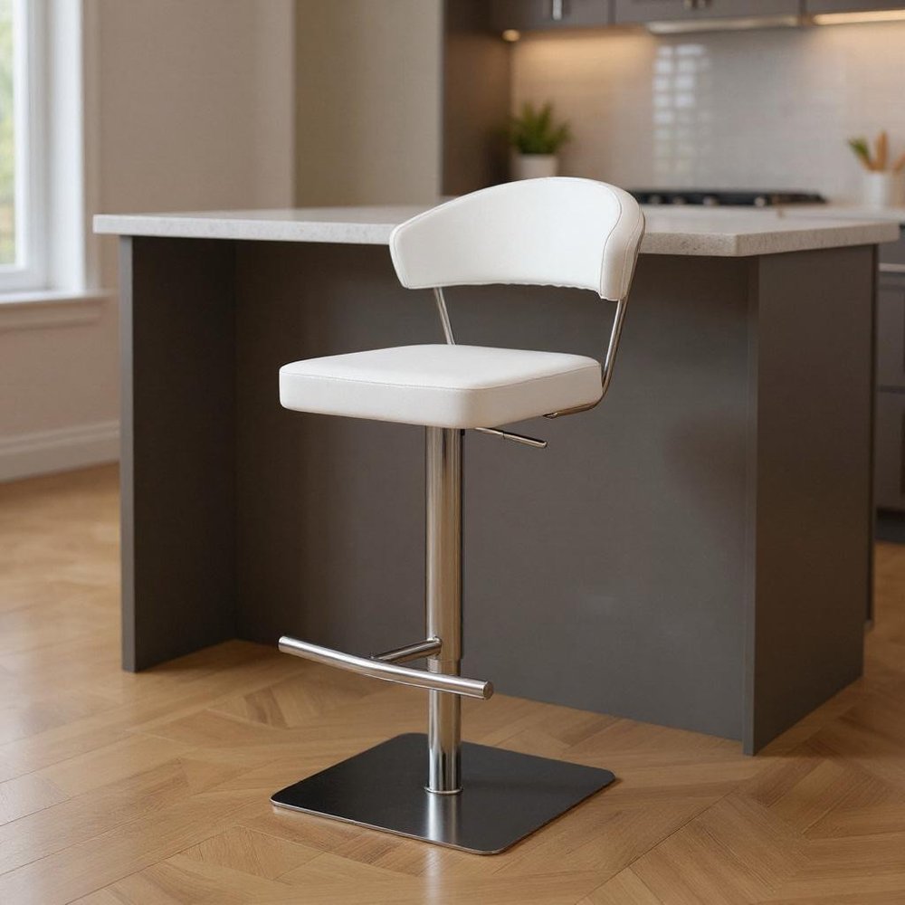 White And Silver Faux Leather And Steel Bar Chair