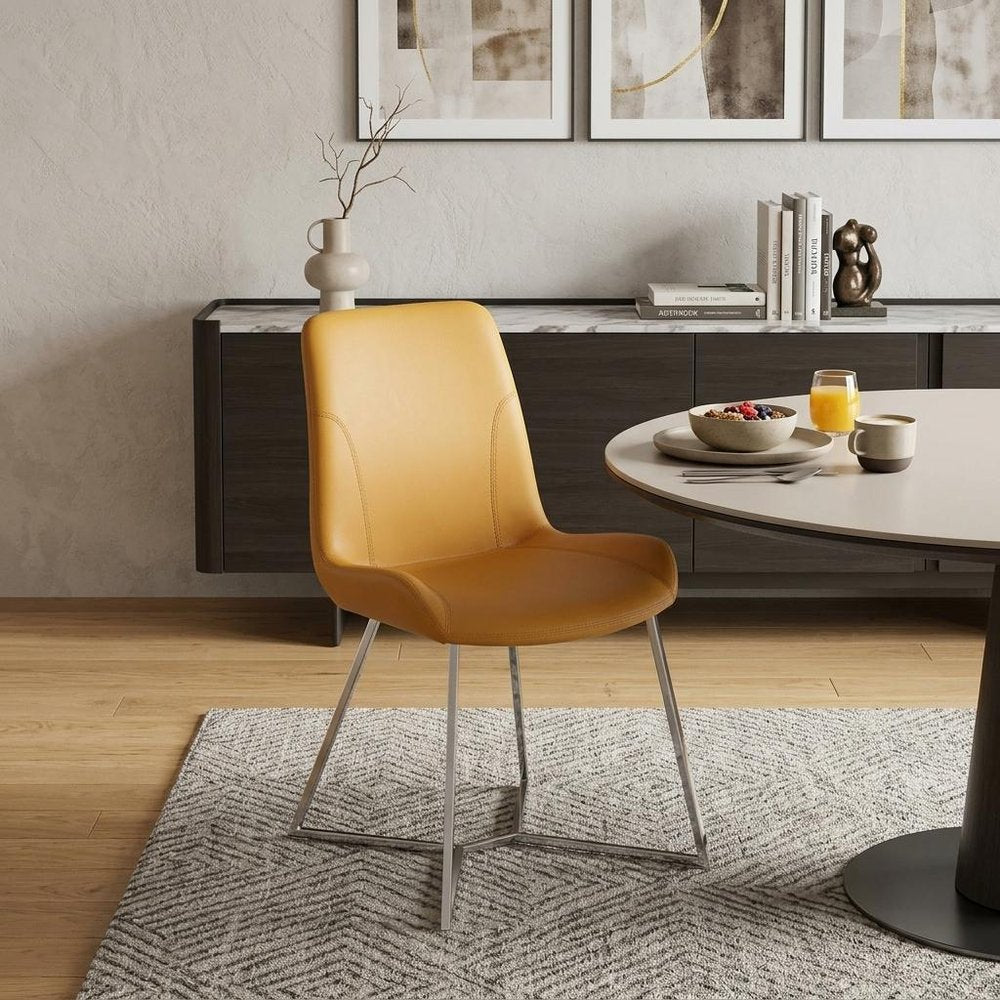 Set of Two Orange and Silver Upholstered Dining Side Chairs