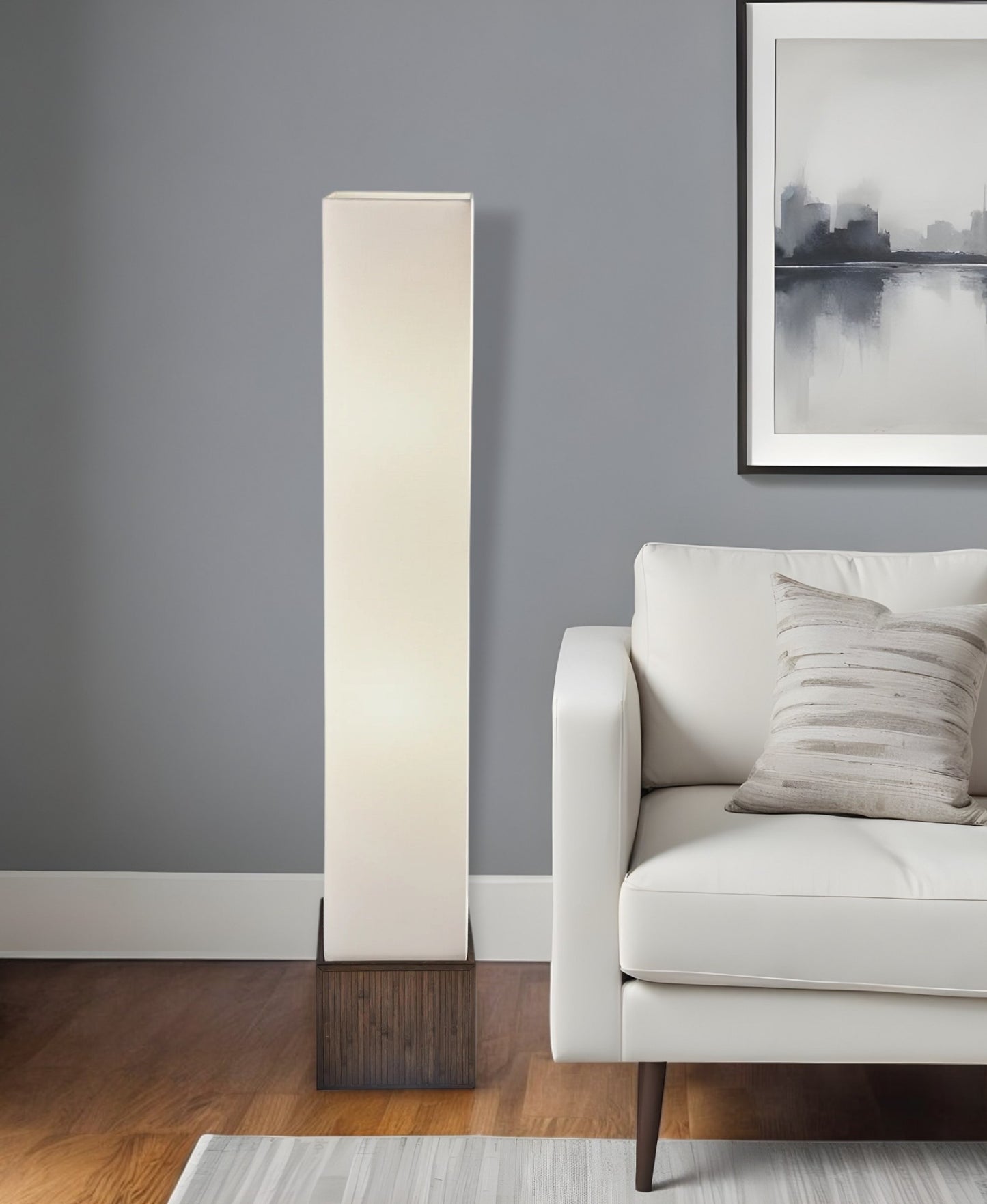 50" Brown And White Rattan Two Light Column Floor Lamp With White Fabric Shade