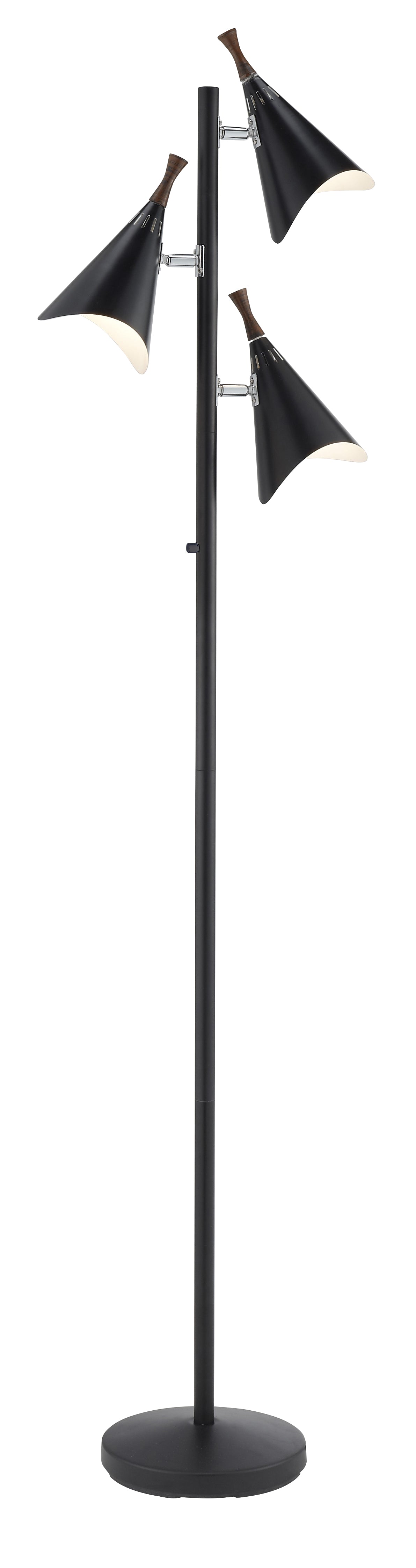 68" Black Three Light Tree Floor Lamp With Black Metal Cone Shade