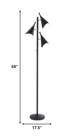 68" Black Three Light Tree Floor Lamp With Black Metal Cone Shade