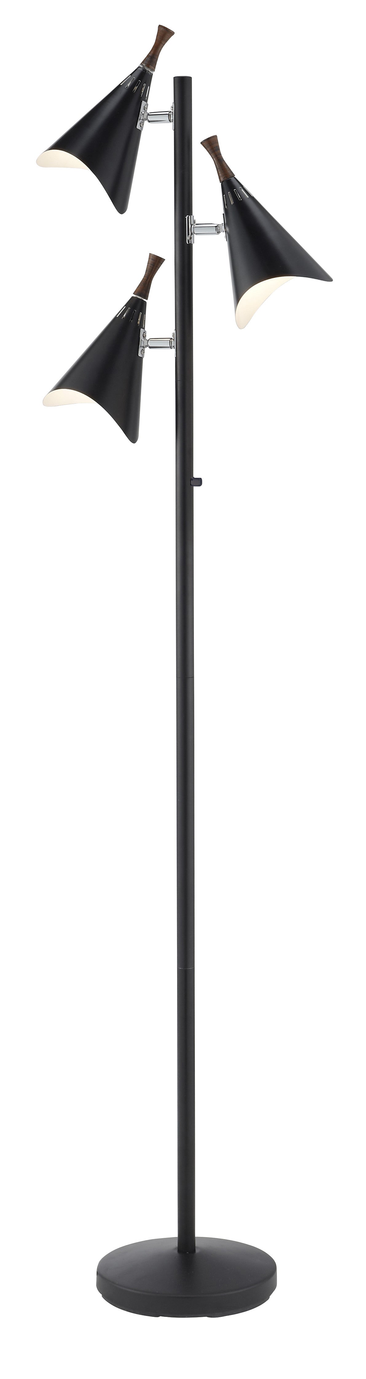68" Black Three Light Tree Floor Lamp With Black Metal Cone Shade