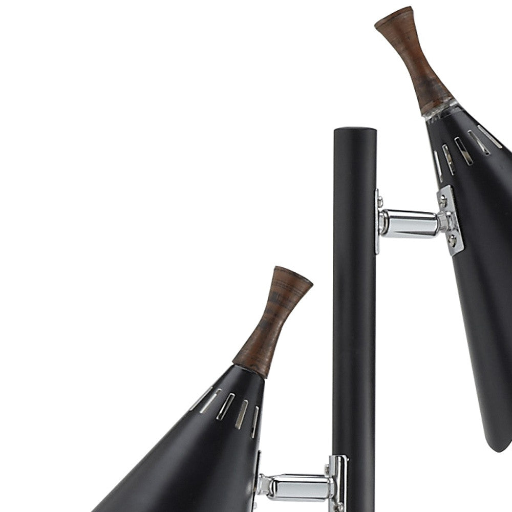 68" Black Three Light Tree Floor Lamp With Black Metal Cone Shade
