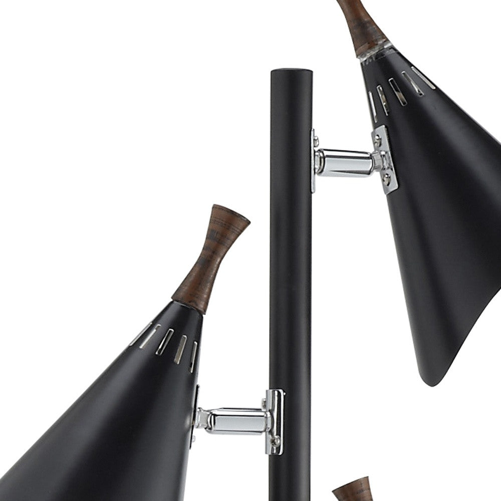 68" Black Three Light Tree Floor Lamp With Black Metal Cone Shade