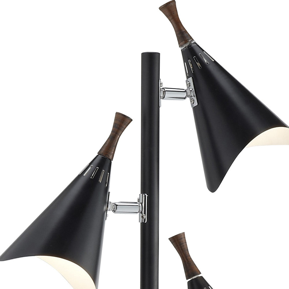 68" Black Three Light Tree Floor Lamp With Black Metal Cone Shade