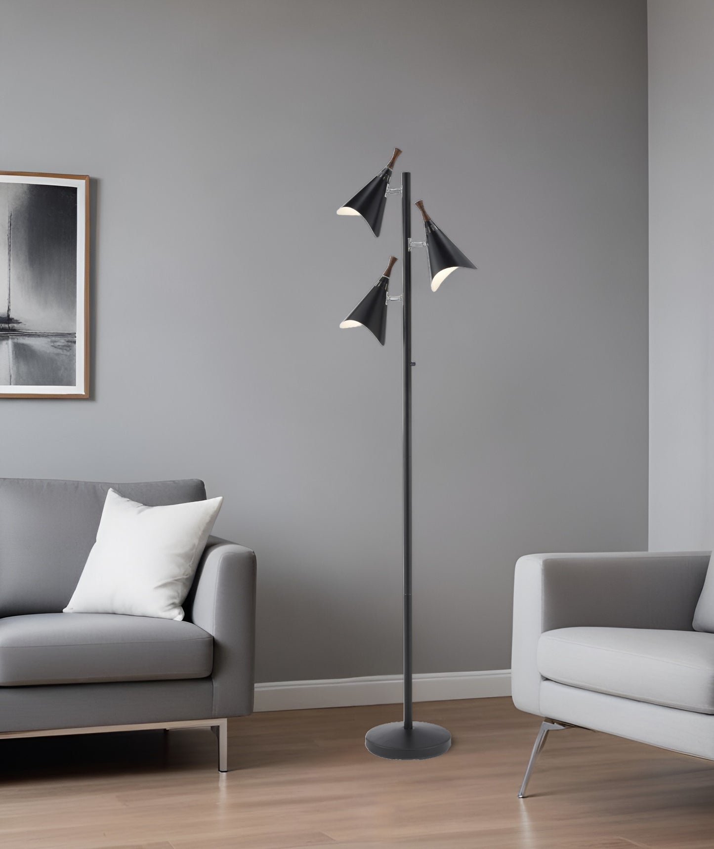 68" Black Three Light Tree Floor Lamp With Black Metal Cone Shade