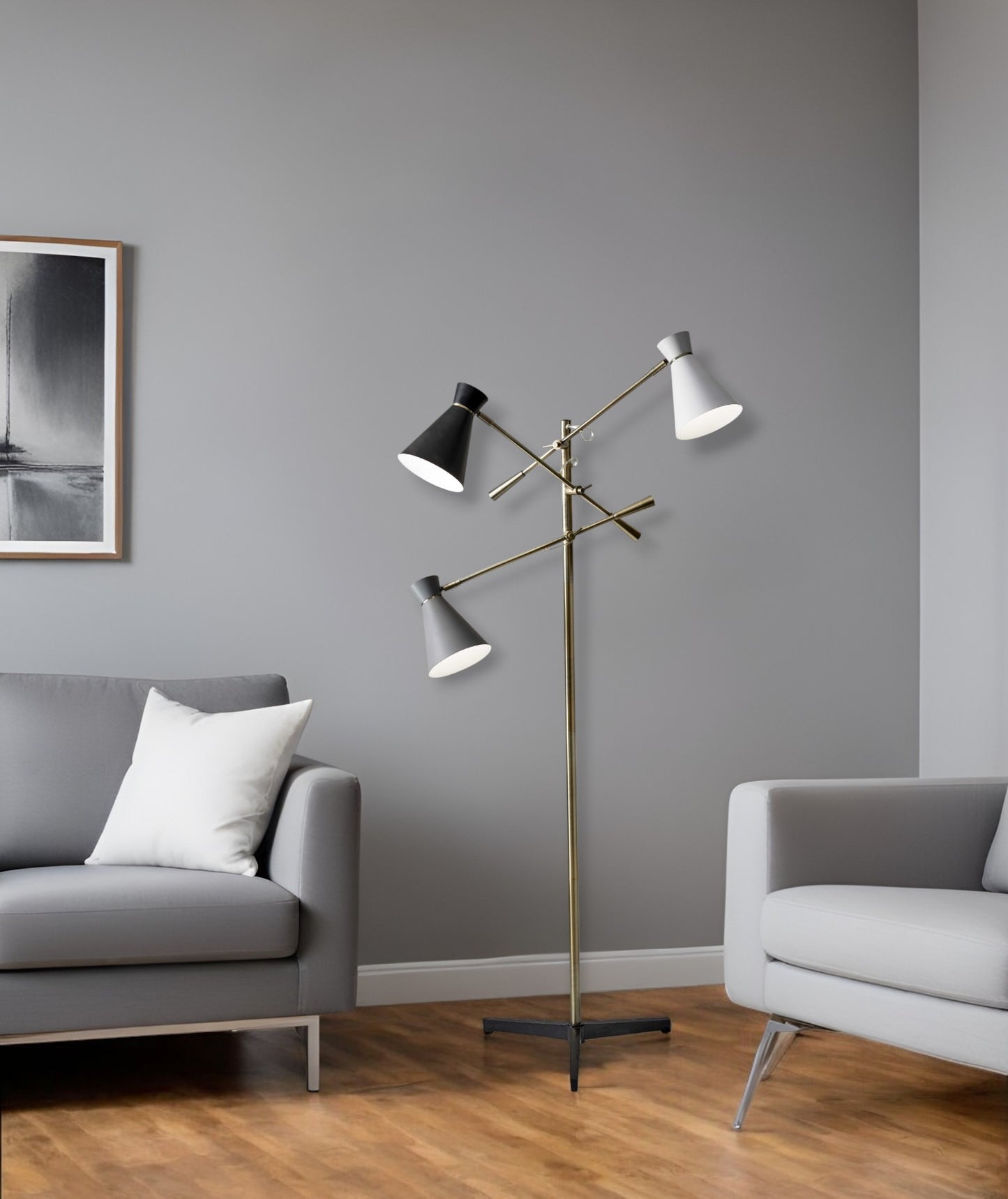 71" Brass Metal Novelty Floor Lamp With Black And White Iron Cone Shade